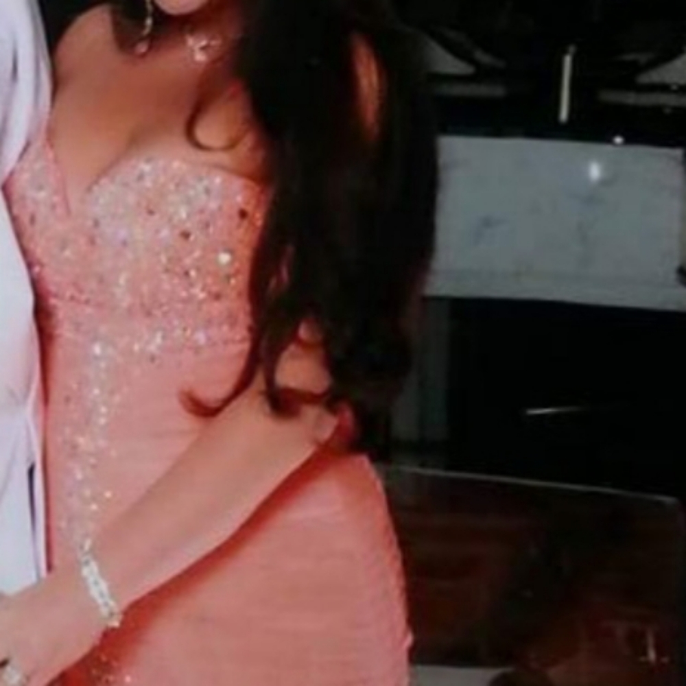 Gorgeous Coral and Irredesent Rhinestone Gown